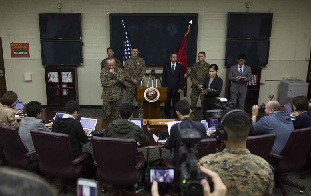 Lt. Gen. Lawrence D. Nicholson address Japanese reporters on Marine Corps Base Camp Foster, Okinawa, Japan, Dec. 14, 2016. An MV-22B Osprey landed in shallow waters off the Okinawa coastline of Camp Schwab on Dec. 13, 2016. All five crewmembers were airlifted via HH-60G to the United States Naval Hospital aboard Camp Foster where they are being treated for injuries. The MV-22B Osprey is with Marine Aircraft Group 36, 1st Marine Aircraft Wing, III Marine Expeditionary Force. The HH-60G is with the US Air Force's 33rd Rescue Squadron, 18th Operations Group, 18th Wing.  Nicholson, from Toronto, Canada, is the Okinawa Area Coordinator and commanding general of III MEF. (U.S. Marine Corps photo by Cpl. Douglas Simons/Released)
