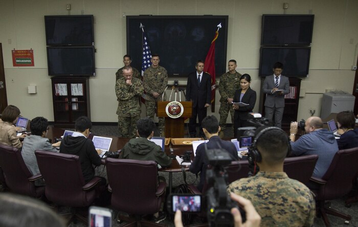 Lt. Gen. Lawrence D. Nicholson address Japanese reporters on Marine Corps Base Camp Foster, Okinawa, Japan, Dec. 14, 2016. An MV-22B Osprey landed in shallow waters off the Okinawa coastline of Camp Schwab on Dec. 13, 2016. All five crewmembers were airlifted via HH-60G to the United States Naval Hospital aboard Camp Foster where they are being treated for injuries. The MV-22B Osprey is with Marine Aircraft Group 36, 1st Marine Aircraft Wing, III Marine Expeditionary Force. The HH-60G is with the US Air Force's 33rd Rescue Squadron, 18th Operations Group, 18th Wing.  Nicholson, from Toronto, Canada, is the Okinawa Area Coordinator and commanding general of III MEF. (U.S. Marine Corps photo by Cpl. Douglas Simons/Released)