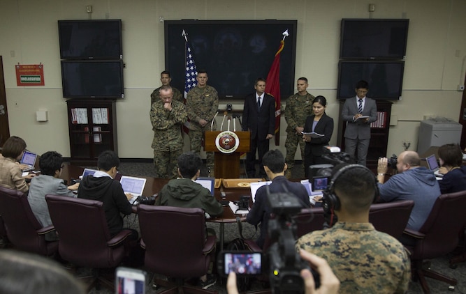 Lt. Gen. Lawrence D. Nicholson address Japanese reporters on Marine Corps Base Camp Foster, Okinawa, Japan, Dec. 14, 2016. An MV-22B Osprey landed in shallow waters off the Okinawa coastline of Camp Schwab on Dec. 13, 2016. All five crewmembers were airlifted via HH-60G to the United States Naval Hospital aboard Camp Foster where they are being treated for injuries. The MV-22B Osprey is with Marine Aircraft Group 36, 1st Marine Aircraft Wing, III Marine Expeditionary Force. The HH-60G is with the US Air Force's 33rd Rescue Squadron, 18th Operations Group, 18th Wing.  Nicholson, from Toronto, Canada, is the Okinawa Area Coordinator and commanding general of III MEF. (U.S. Marine Corps photo by Cpl. Douglas Simons/Released)