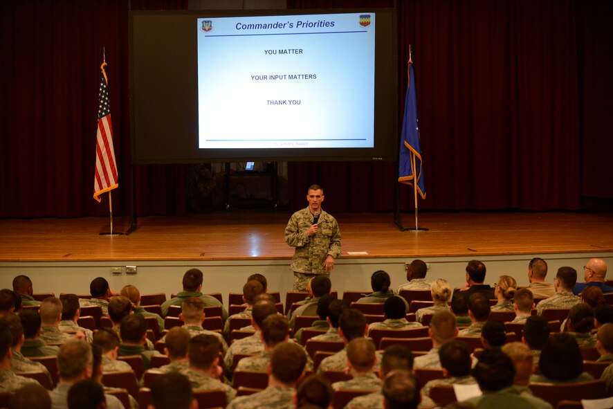 U.S. Air Force Col. Daniel Lasica, 20th Fighter Wing commander, hosts the last series of commander’s calls of 2016 at Shaw Air Force Base, S.C., Dec. 9, 2016. During his address, Lasica informed members of Team Shaw about his vision for the 20th FW expectations for 2017. (U.S. Air Force photo by Airman 1st Class BrieAnna Stillman)