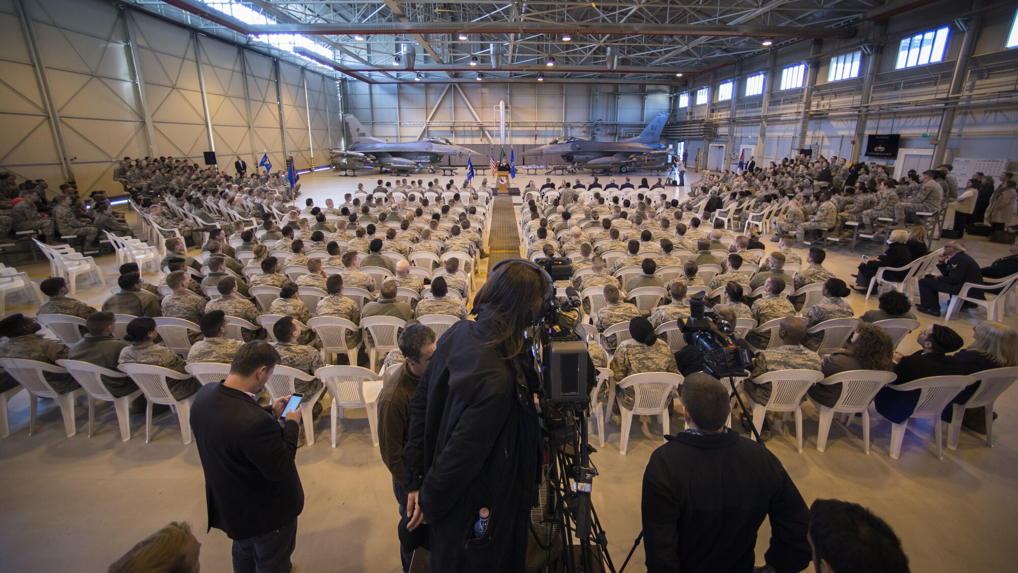 Secretary of Defense Ash Carter speaks to Team Aviano members at Aviano Air Base, Italy on Dec. 13, 2016. Carter visited Team Aviano during his holiday tour to Department of Defense installations around the world. (U.S. Air Force photo by Senior Airman Cory W. Bush)