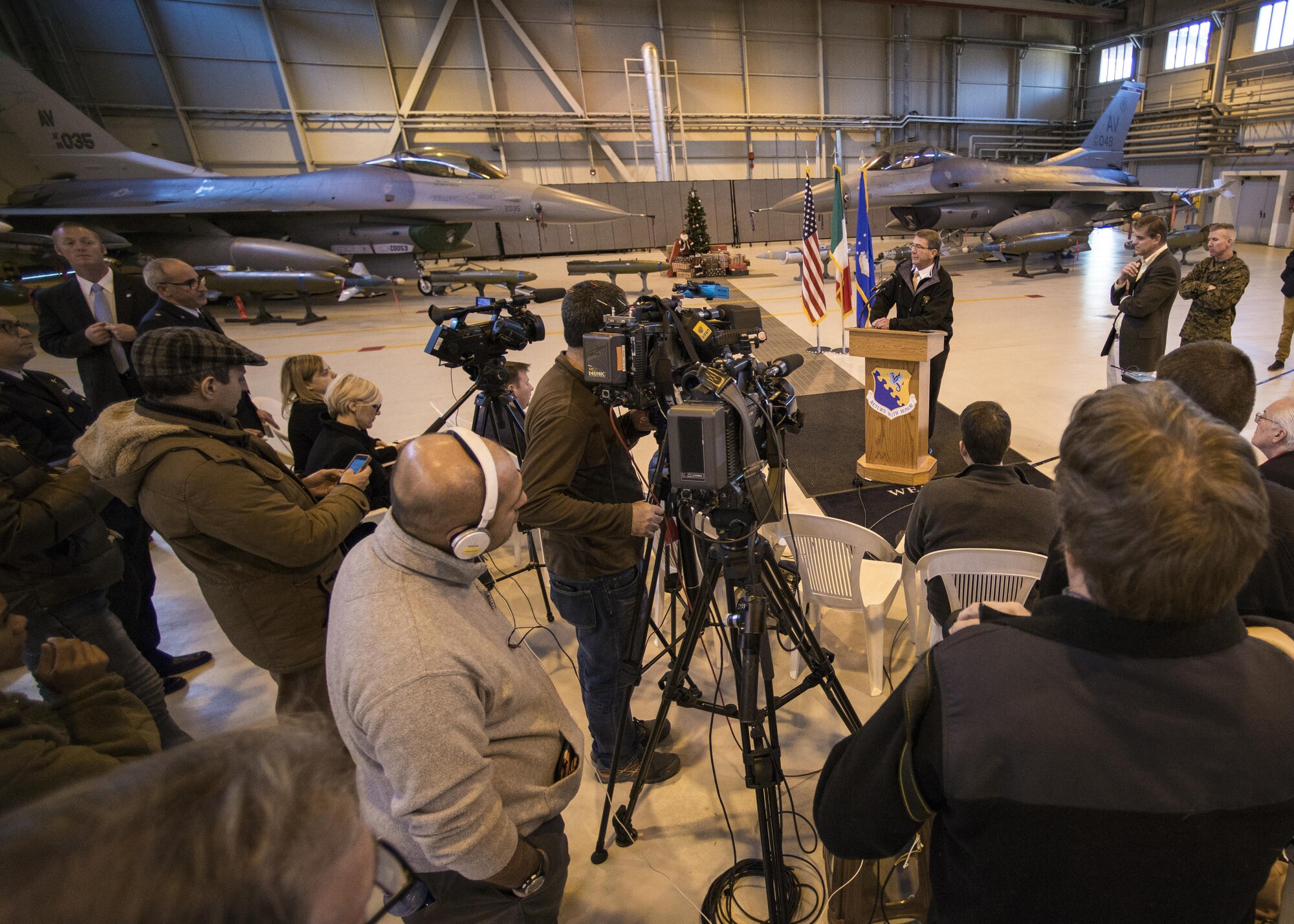 Secretary of Defense Ash Carter speaks to members of the press during a visit to Aviano Air Base, Italy on Dec. 13, 2016. Carter answered questions about current world events and talked about coalition efforts to defeat the Islamic State of Iraq and the Levant. (U.S. Air Force photo by Senior Airman Cory W. Bush)