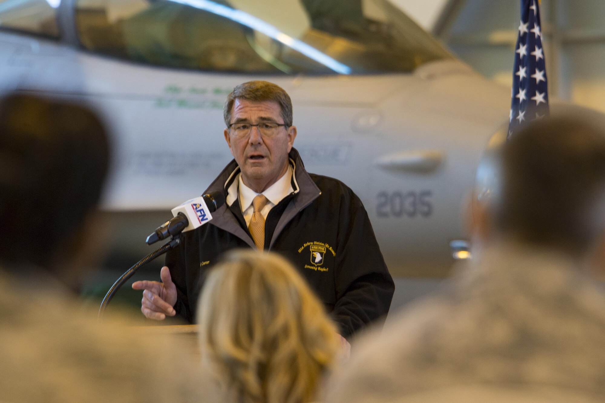Secretary of Defense Ash Carter speaks to members of the press during a visit to Aviano Air Base, Italy on Dec. 13, 2016. Carter answered questions about current world events and talked about coalition efforts to defeat the Islamic State of Iraq and the Levant. (U.S. Air Force photo by Senior Airman Cory W. Bush)
