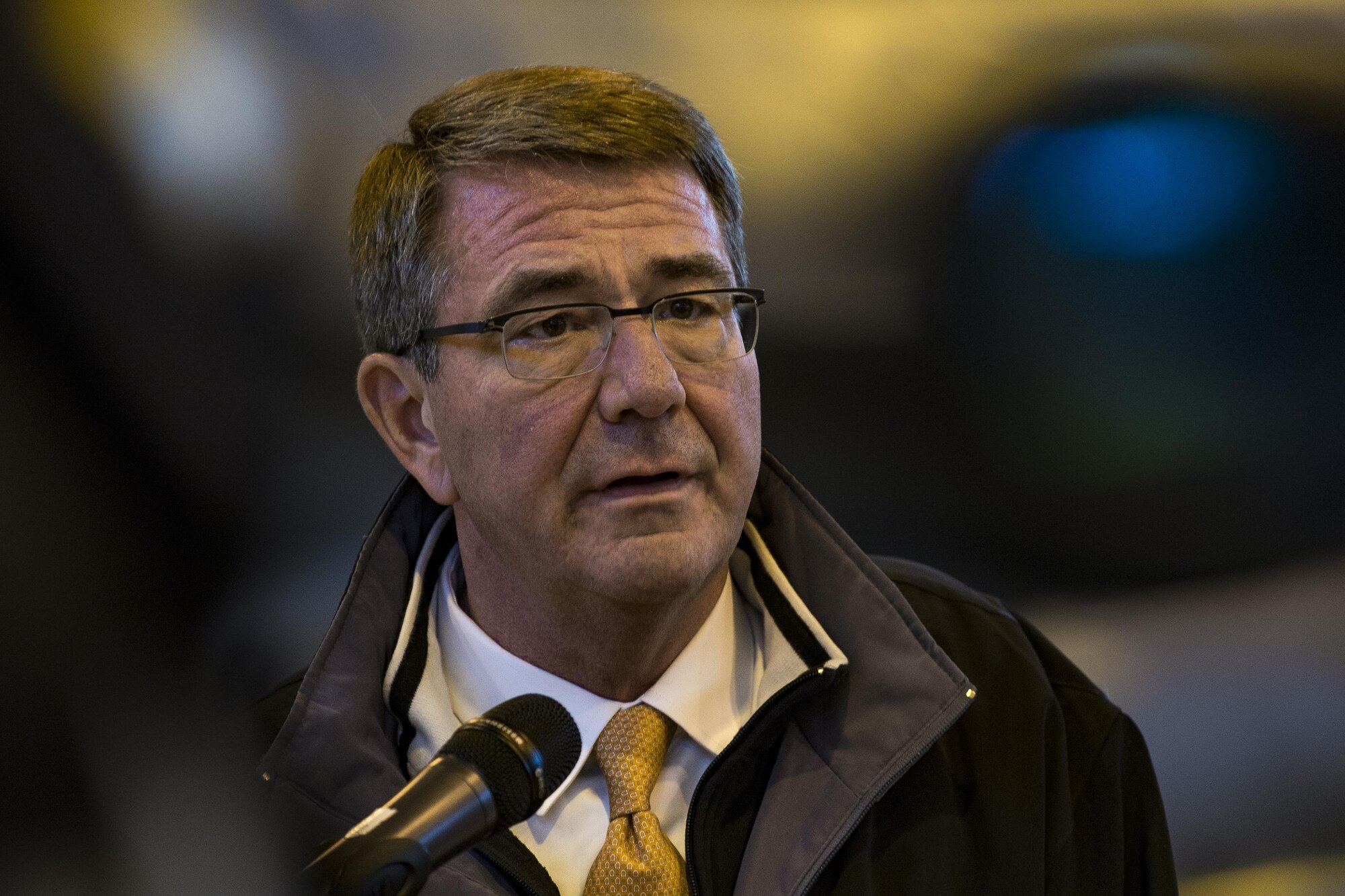Secretary of Defense Ash Carter speaks to Airmen during a visit to Aviano Air Base, Italy on Dec. 13, 2016. Carter answered questions about current world events and talked about coalition efforts to defeat the Islamic State of Iraq and the Levant. (U.S. Air Force photo by Senior Airman Cory W. Bush)