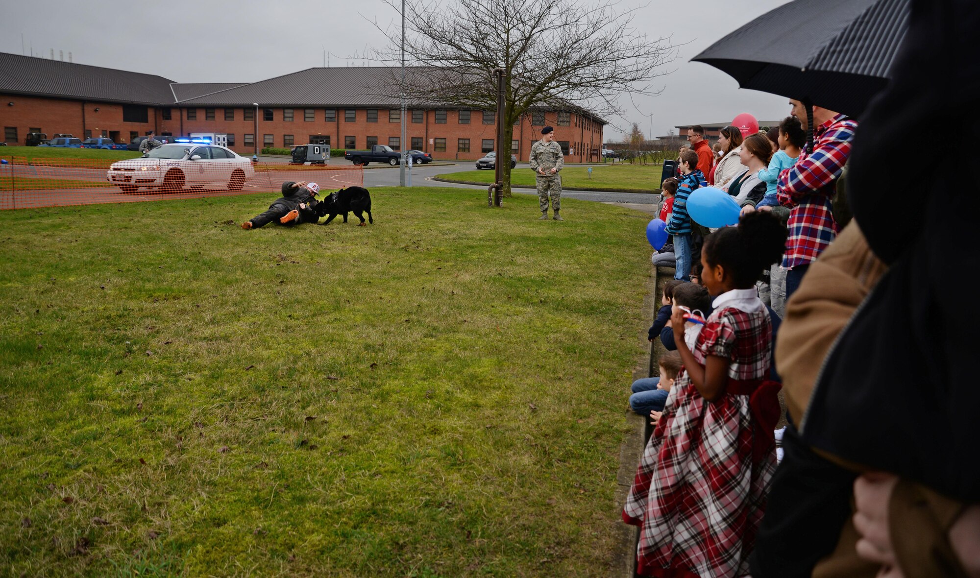 The 100th Security Forces Squadron Military Working Dog section performs a military working dog demonstration for Team Mildenhall families at the annual Children’s Holiday Christmas Party Dec. 10, 2016, on RAF Mildenhall, England. Units from across base volunteered time to Team Mildenhall families with creating crafts, playing games, providing demonstrations and serving food. (U.S. Air Force photo by Senior Airman Christine Halan)