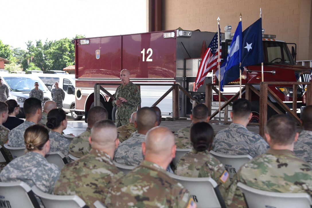 Admiral Kurt W. Tidd, commander of U.S. Southern Command, gives a speech to service members assigned to Joint Task Force-Bravo during a morale visit to Soto Cano Air Base, Honduras, on Nov. 23, 2016, prior to the Thanksgiving holidays.