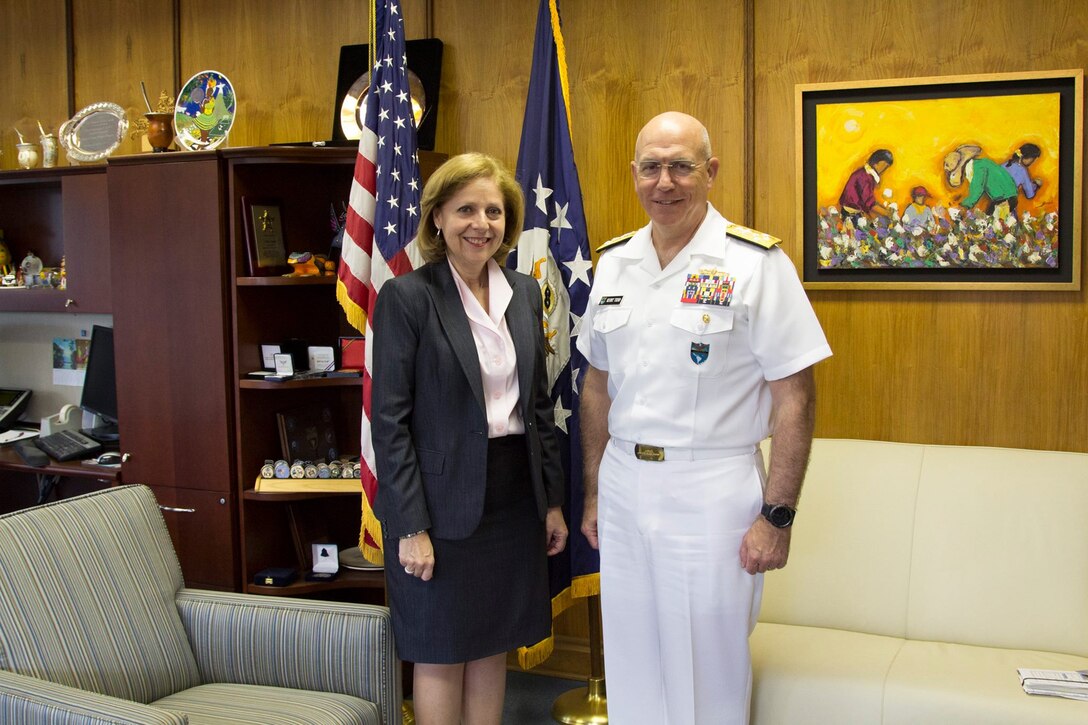 SOUTHCOM Commander, Navy Adm. Kurt W. Tidd, with U.S. Ambassador to Brazil Liliana Ayalde after meeting at the U.S. Embassy in Brazil today. Tidd is in Brazil today and tomorrow meeting with military leaders to deepen defense ties. (Courtesy photo)