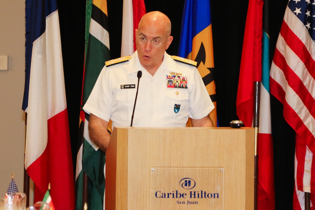 SAN JUAN, Puerto Rico – U.S. Navy Adm. Kurt Tidd, commander of U.S. Southern Command, addresses chiefs of defense and public security ministers from 21 partner nations while opening the fifteenth Caribbean Nations Security Conference (CANSEC) Dec. 7 in San Juan, Puerto Rico. The leaders attended the annual conference through Dec. 8 to examine trends, challenges and threats impacting stability in the Caribbean and define a collective strategy to improve their forces’ collaboration in support of regional security. (photo by U.S. Army Sgt. Alexis Velez Rodriguez)