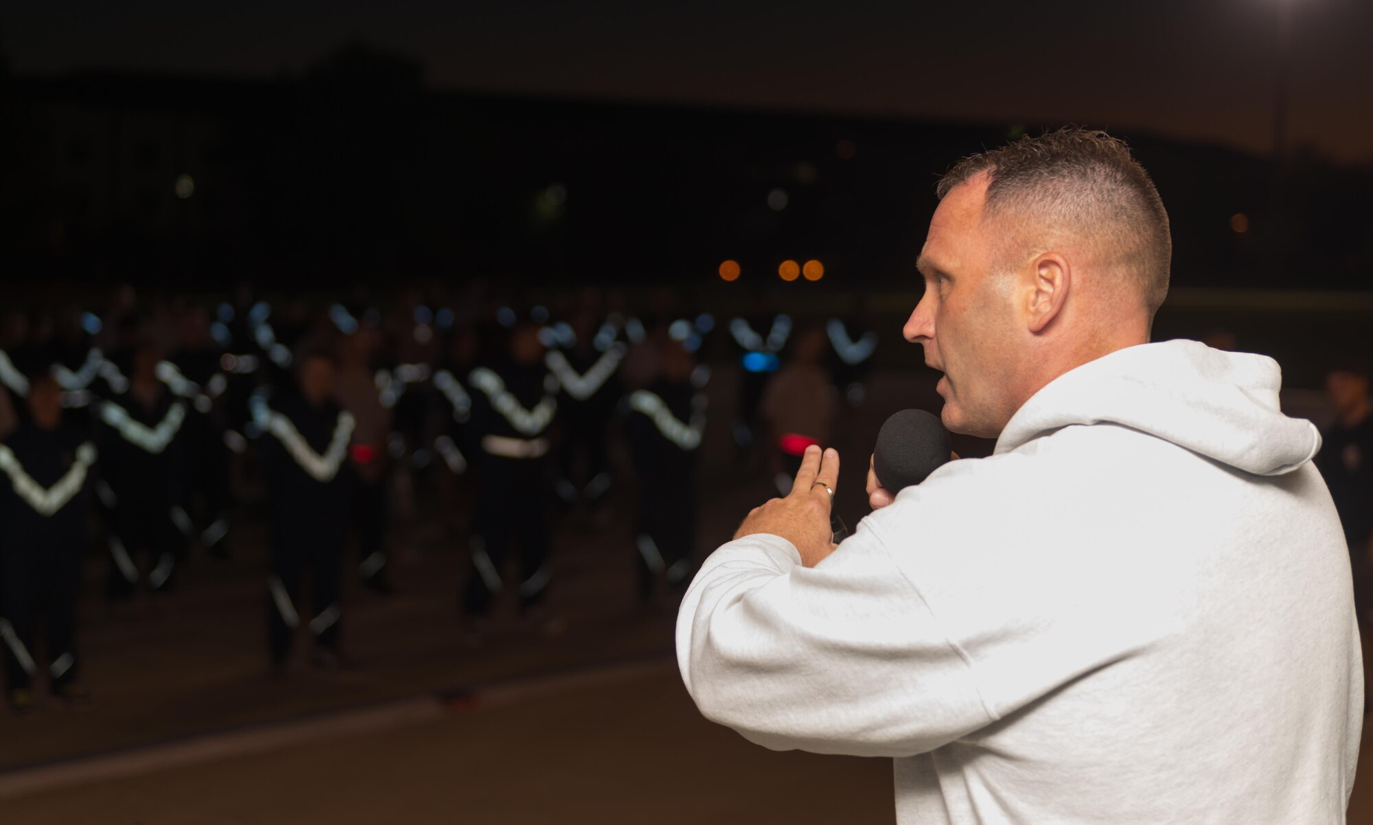 Chief Master Sgt. Anthony Fisher, 81st Training Group superintendent, speaks to 81st TRG non-prior service Airmen before the 5K “Toys for Tots” run, Dec. 11, 2016, on Keesler Air Force Base, Miss. The run began at the Levitow Training Support Facility and ended in the Bayridge housing area. Each of the runners donated a toy at the finish line to support the U.S. Marine Corps Reserve Toys for Tots Program.  (U.S. Air Force Photo by Andre’ Askew)