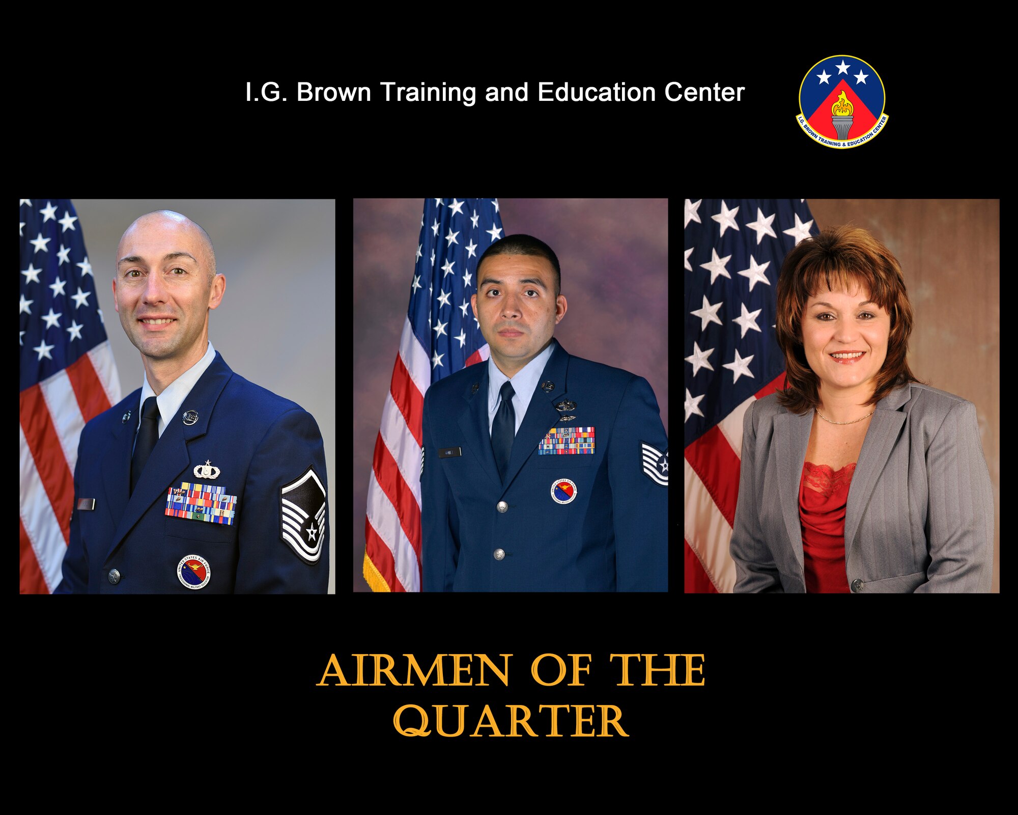 Master Sgt. Shane Hurd, Senior NCO of the quarter, Tech. Sgt. Angelo Gomez, NCO of the quarter, and Tammie Smeltzer, civillian of the quarter, were recognized for their outstanding service from July to September 2016, at the I.G. Brown Training and Education Center in Louisville, Tenn. (U.S. Air National Guard file artwork)