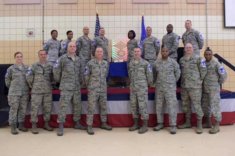 Newly selected U.S. Air Force chief master sergeants pose for a photo during their release party at Joint Base Langley, Eustis, Va., Dec. 8, 2016. More than 520 Airman were selected to promote to chief master sergeant throughout the Air Force. (U.S. Air Force photo by Senior Airman Kimberly Nagle)