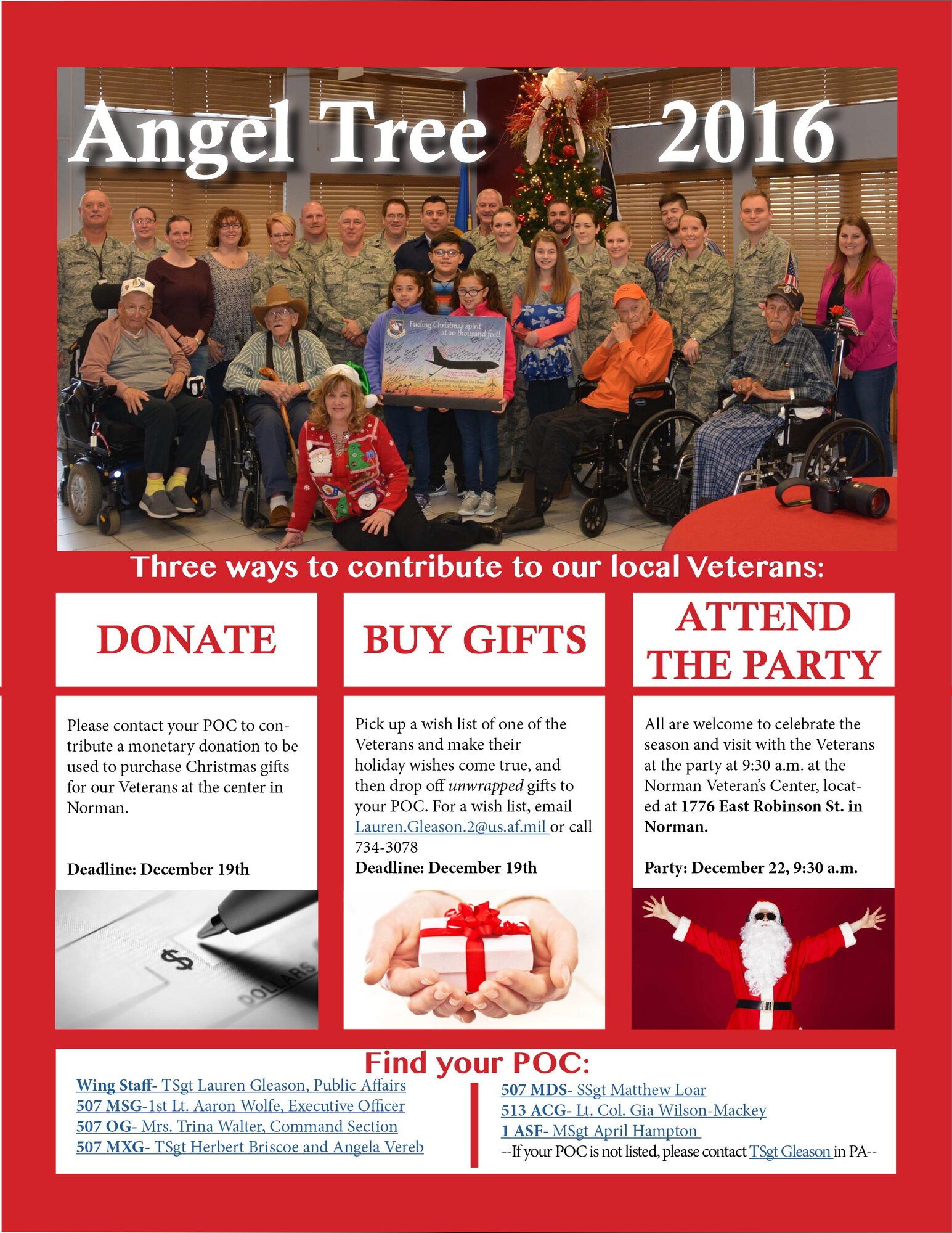 Reservists and their families at Tinker are scheduled to visit the Norman Veteran’s Center at 9:30 a.m. Dec. 22 to celebrate the holidays with our nation’s heroes.
Everyone is invited to join the 21st Annual Angel Tree party celebration and to help reach the goal of raising $1200 for the Veterans’ field trip fund before the Dec. 19 deadline.
