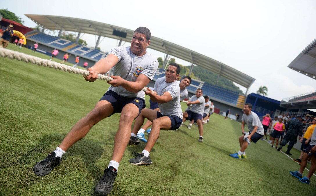 PANAMA CITY, Panama (Sept. 20, 2016) - UNITAS partner nations compete in the Tug O'War during a day of sports at the Estadio Maracaná de Panamá soccer stadium. UNITAS is an annual multi-national exercise that focuses on strengthening our existing regional partnerships and encourages establishing new relationships through the exchange of maritime mission-focused knowledge and expertise throughout the exercise. (U.S. Navy Photo by Mass Communication Specialist 1st Class Jacob Sippel/RELEASED)