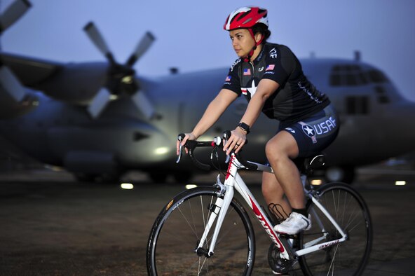 U.S. Air Force Master Sgt. Sandra Frank, 19th Force Support Squadron lodging operations manager, trains for the 2017 Register’s Annual Great Bicycle Ride Across Iowa at Little Rock AFB, Ark. Dec. 13 2016. RAGBRAI is the oldest, largest and longest recreational bicycle touring event in the world as well as the premiere cycling event across 500 miles in Iowa. Frank is the Arkansas team lead for the Air Forces’ Cycling team as she prepares to start up the first team for Little Rock AFB. (U.S. Air Force Photo by Staff Sgt. Jeremy McGuffin)