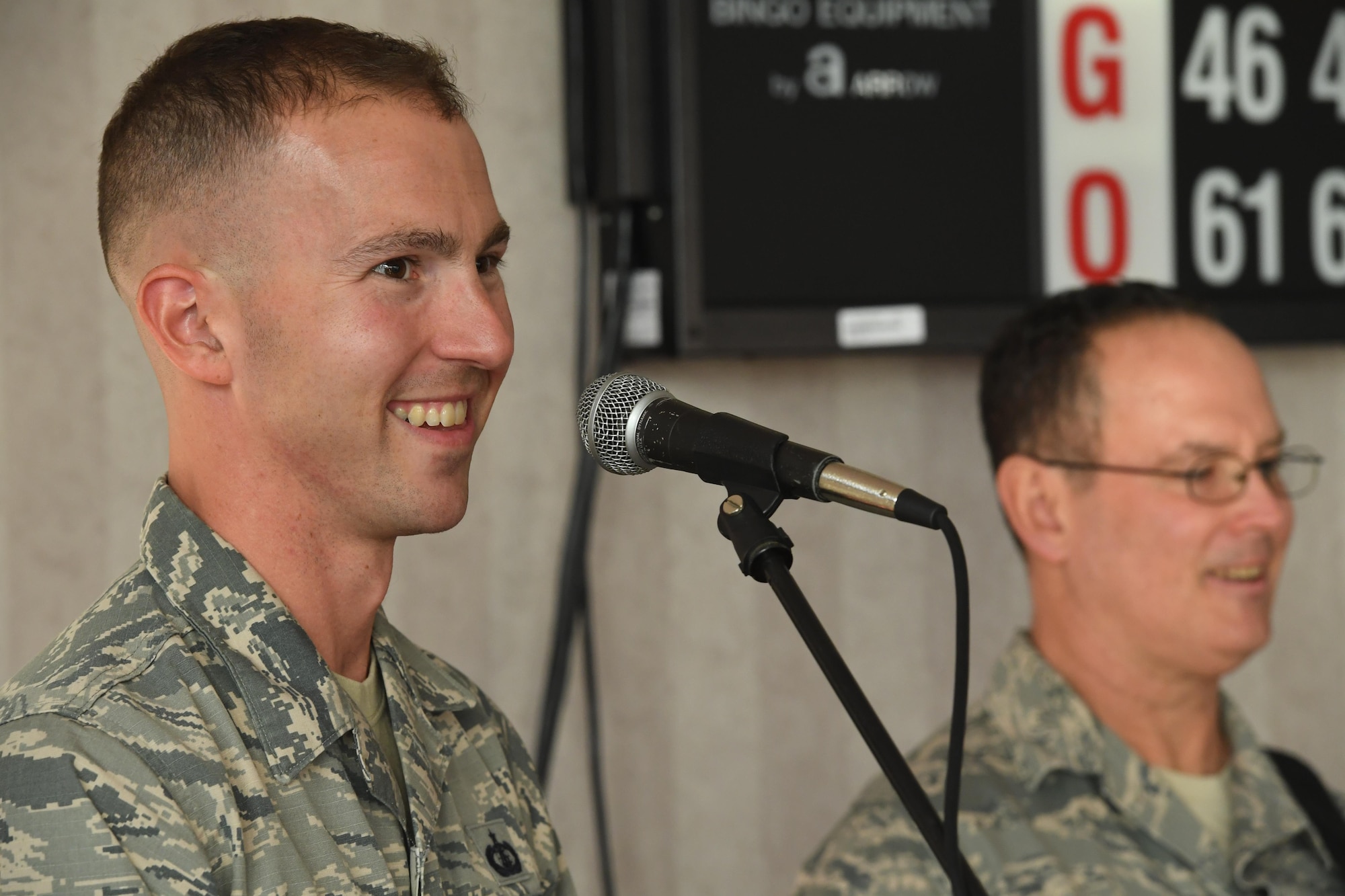 Staff Sgt. Ryan Rager, a keyboard player and vocalist with the U.S. Air Force Heritage of America Band, entertains the crowd during a holiday concert at the Hampton Veteran’s Medical Center, Jan. 7, 2016. Rager, a native of South Sioux City, Nebraska, is the tour manager for the Blue Aces rock band, NCO in charge of auditions and a member of the video/audio production staff. (U.S. Air Force photo by Staff Sgt. Nick Wilson)
