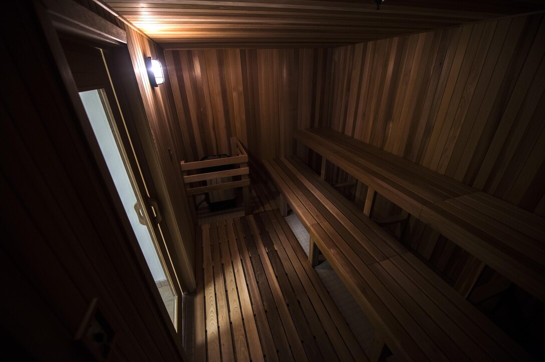 Light peaks through a newly renovated sauna in the West Fitness Center at Joint Base Andrews, Md., Dec. 13, 2016. The renovation included an entire removal and reconstruction of the sauna. (U.S. Air Force photo by Senior Airman Philip Bryant)