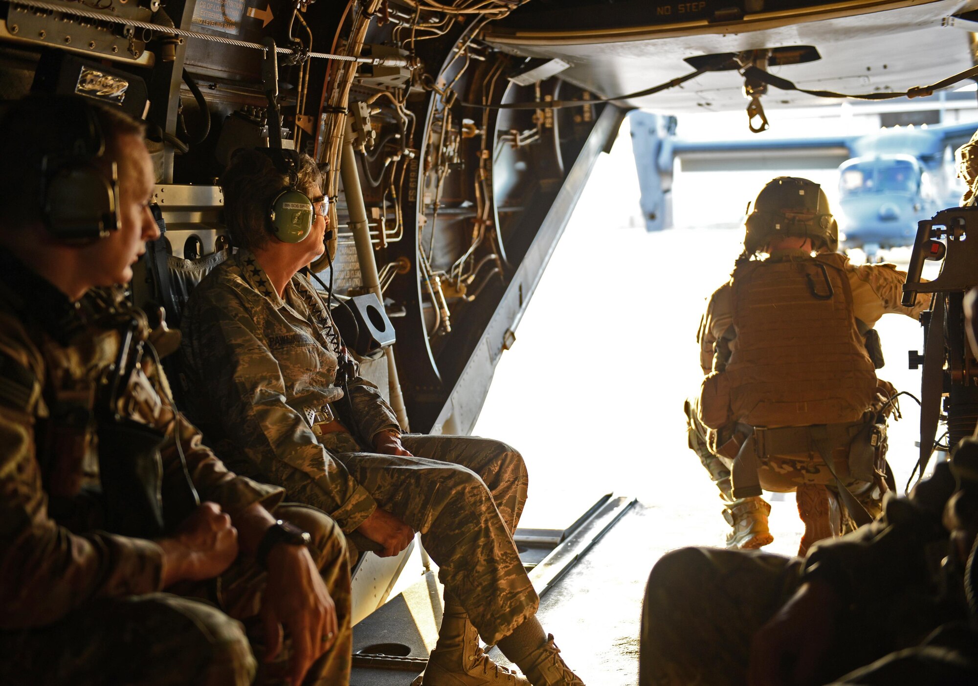 Gen. Ellen M. Pawlikowski (center), commander of Air Force Materiel Command, learns about the capabilities of the CV-22 Osprey during a flight at Hurlburt Field, Fla., Dec. 12, 2016. (U.S. Air Force photo/Staff Sgt. Melanie Holochwost)