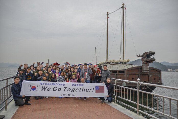 Commander, U.S. Naval Forces Korea (CNFK) Sailors and families stop to see the Geobukseon, or Turtle Ship, of Adm. Yi, Sun-shin as they visit the Republic of Korea Naval Academy in Chinhae, Dec. 13, 2016. CNFK is the U.S. Navy's representative in the ROK, providing leadership and expertise in naval matters to improve institutional and operational effectiveness between the two navies and to strengthen collective security efforts in Korea and the region. 
