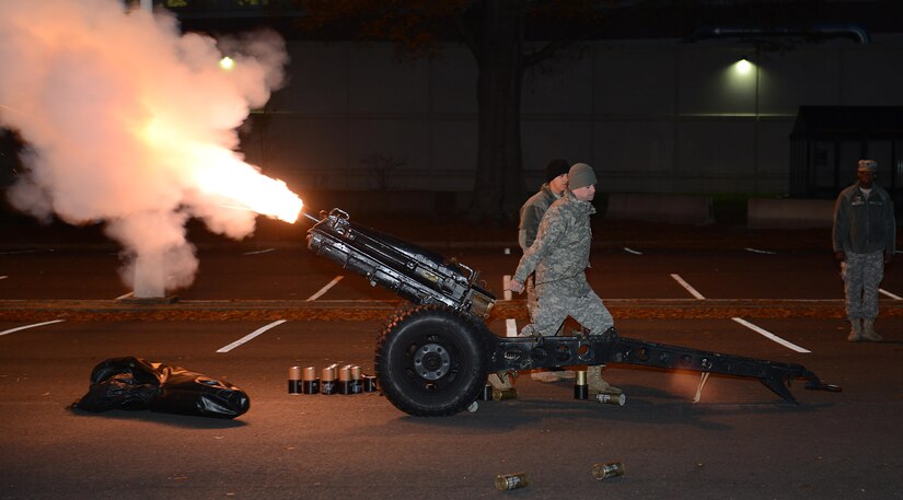 U.S. Army Soldiers fire cannons during the annual holiday run in recognition of their successful donations to the U.S. Marine Corp’s Toys for Tots program at Joint Base Langley-Eustis, Va., Dec. 9, 2016. The 2.2 mile run. (U.S. Air Force photo by Staff Sgt. Teresa J. Cleveland)