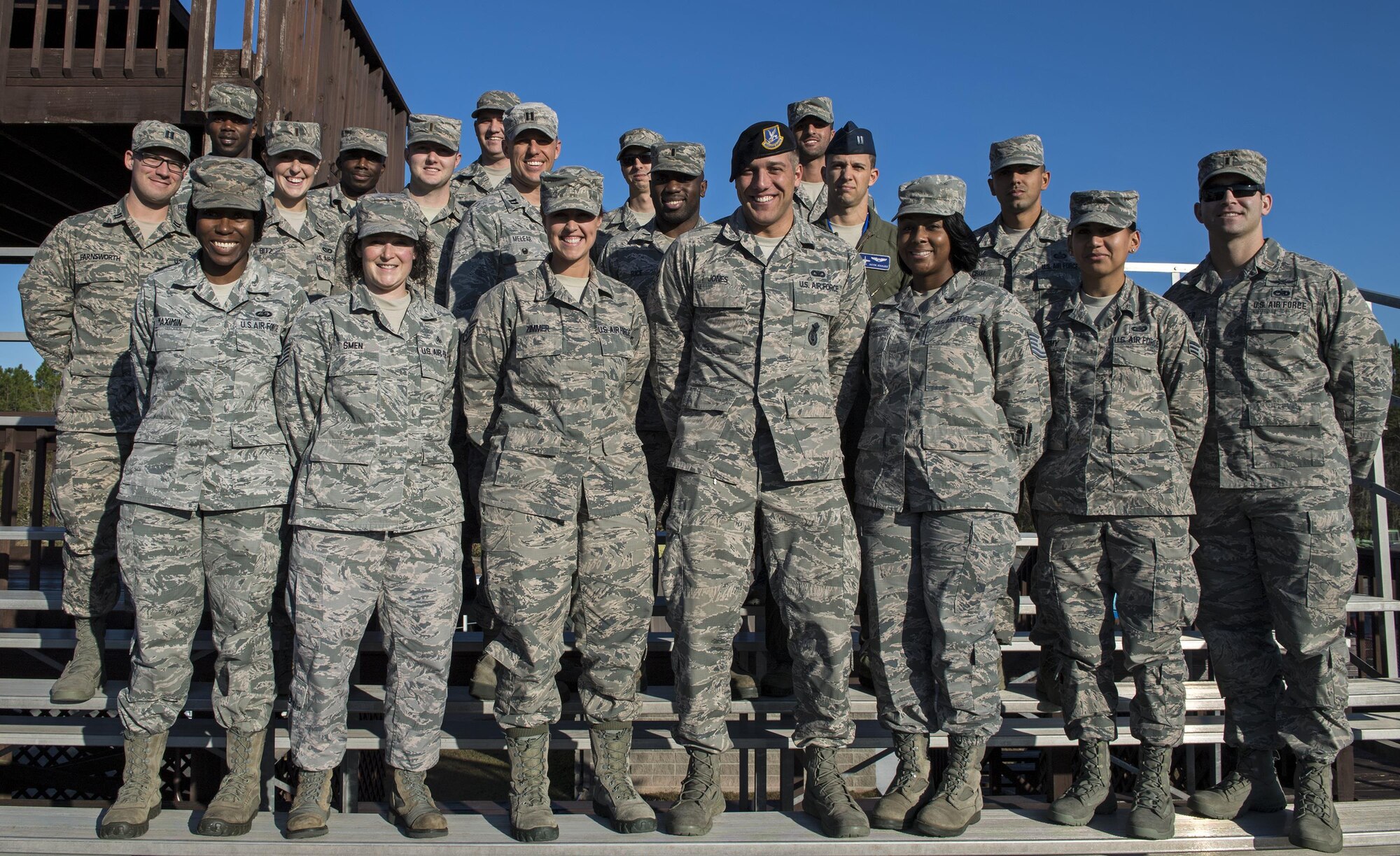 Airmen who were selected to participate in Emerge Moody pose for a group photo, Dec. 1, 2016, at Moody Air Force Base, Ga. Airmen from the rank of E-3 to E-6 and Company Grade Officers, applied for the program and were selected after an interview process to connect with their peers while learning about various units. (U.S. Air Force photo by Airman 1st Class Janiqua P. Robinson)