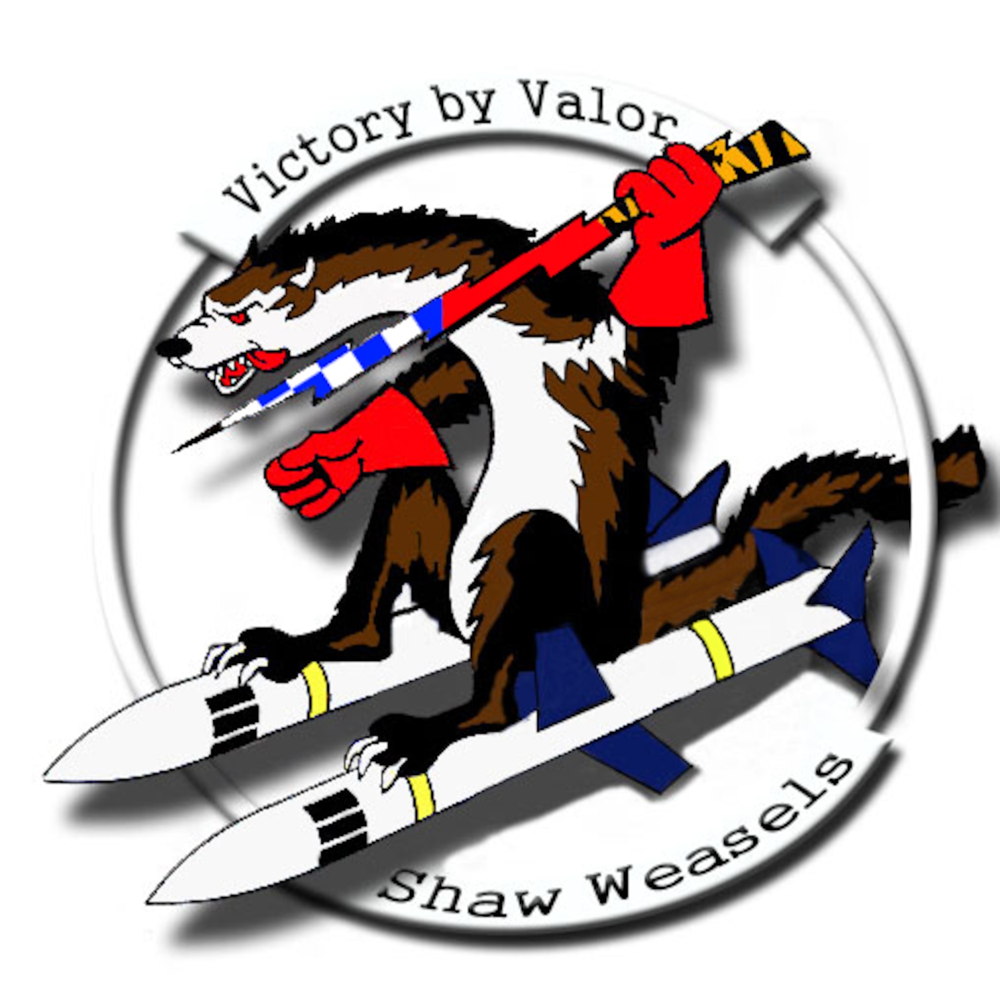 The 20th Fighter Wing’s new logo was adopted in December 2016 and represents Team Shaw members and the mission at the 20th FW. The new logo is a weasel riding two high-speed anti-radiation missiles, carrying a lightning bolt with the tail flashes of the 55th, 77th, and 79th Fighter Squadrons respectively. The lightning bolt symbolizes electronic warfare, the weasel represents the Wild Weasel mission, and the HARMs are what Team Shaw uses to challenge its enemies. (U.S. Air Force graphic by Airman 1st Class Christopher Maldonado) 