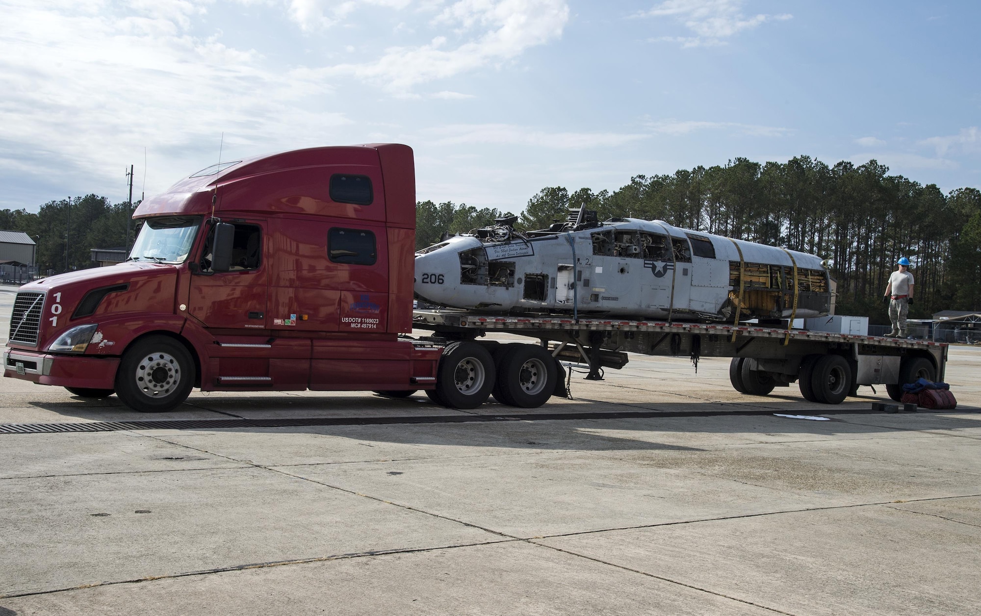The fuselage of an A-10A Thunderbolt II sits on a flatbed truck, Dec. 1, 2016, at Moody Air Force Base, Ga. This A-10A was assigned to Air Force bases in South Carolina, the United Kingdom and Arizona before it was brought to Moody in 2011 and used as a training aircraft. During its lifetime this A-10A accrued 10,812.1 flying hours and fired 162,145 rounds from its gun. (U.S. Air Force photo by Staff Sgt. Eric Summers)