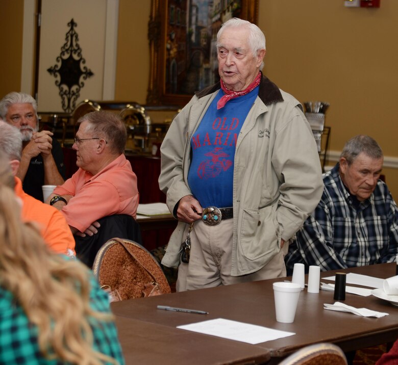 Recapping an era during his tour of duty at Marine Corps Logistics Base Albany, retired Marine Warrant Officer Donald Dally, shares stories of his wild-game hunting experiences and the installation’s wildlife population to dozens in attendance at the installation’s monthly Veterans Breakfast, recently. The event, which was held at Town and Country’s Grand Ballroom, here, was facilitated by Julie Robbins, natural resources manager, MCLB Albany.