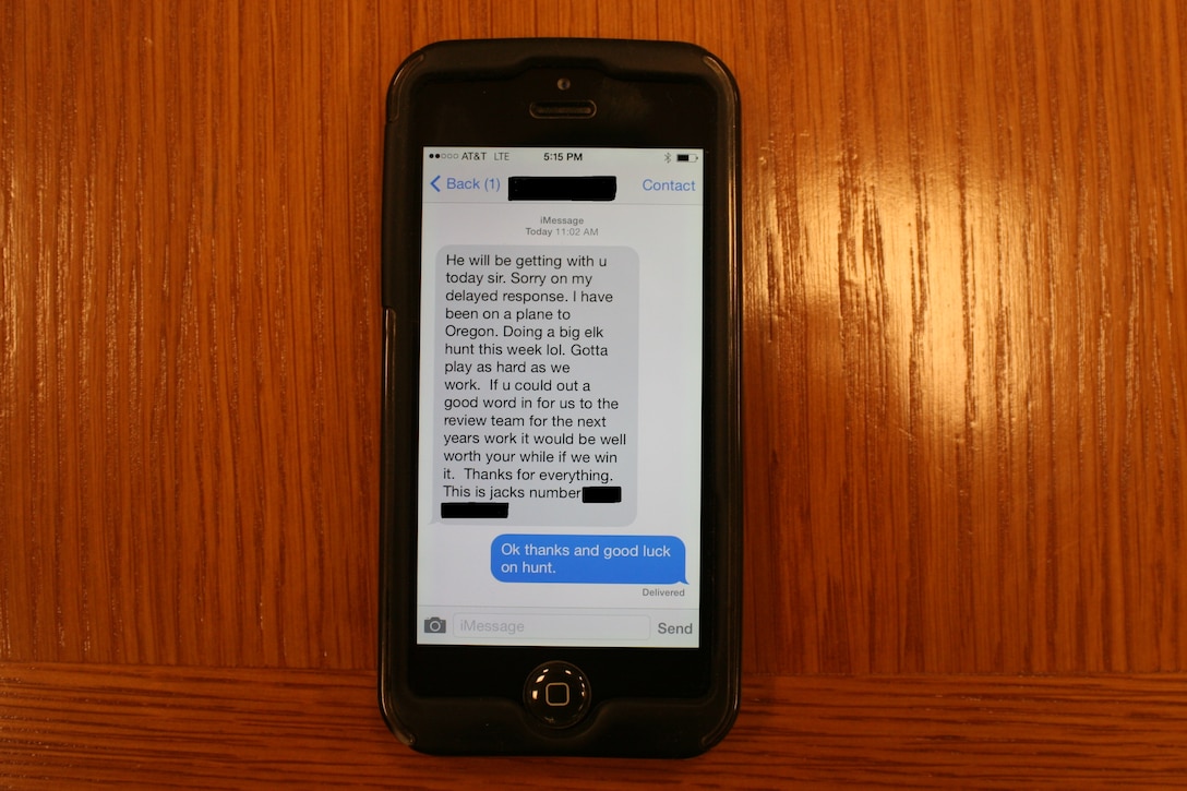 Shown is a text message from a sub-contractor telling the Air Force Office of Special Investigations informant the bribery money would be delivered that day and asking to put a good word in for the sub-contractor's company on the next bids for more work on Joint Base Elmendorf-Richardson, Alaska. The message also said it would be worth the informant's while, vaguely outlining a future bribe. (U.S. Air Force photo/OSI Det. 631) 