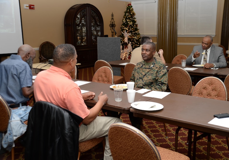 Dozens of active-duty, retirees, veterans as well as civilians listen as guest speaker, Julie Robbins, natural resources manager, Marine Corps Logistics Base Albany, recaps decades of the base’s history at the installation’s Veterans Breakfast, recently. The monthly event, which was held at the Town and Country’s Grand Ballroom, features guest speakers, who share relevant information with attendees on various topics and points of interest to the military community.