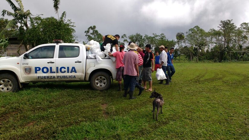 Costa Rican police bring supplies to areas of the country damaged during Hurricane Otto which hit the county Nov. 26. Joint Task Force Bravo in Soto Cato Air Base, Honduras sent two personnel to assist the Costa Rican country team and other emergency response organizations to identify engineer requirements and humanitarian assistance projects. 
