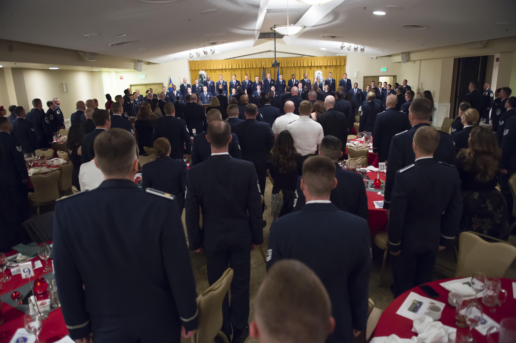 The 412th Force Support Squadron’s Airman Leadership School Class 17A graduated 44 senior airmen and one civilian Dec. 8. at Club Muroc. (U.S. Air Force photo by Joseph Gocong)