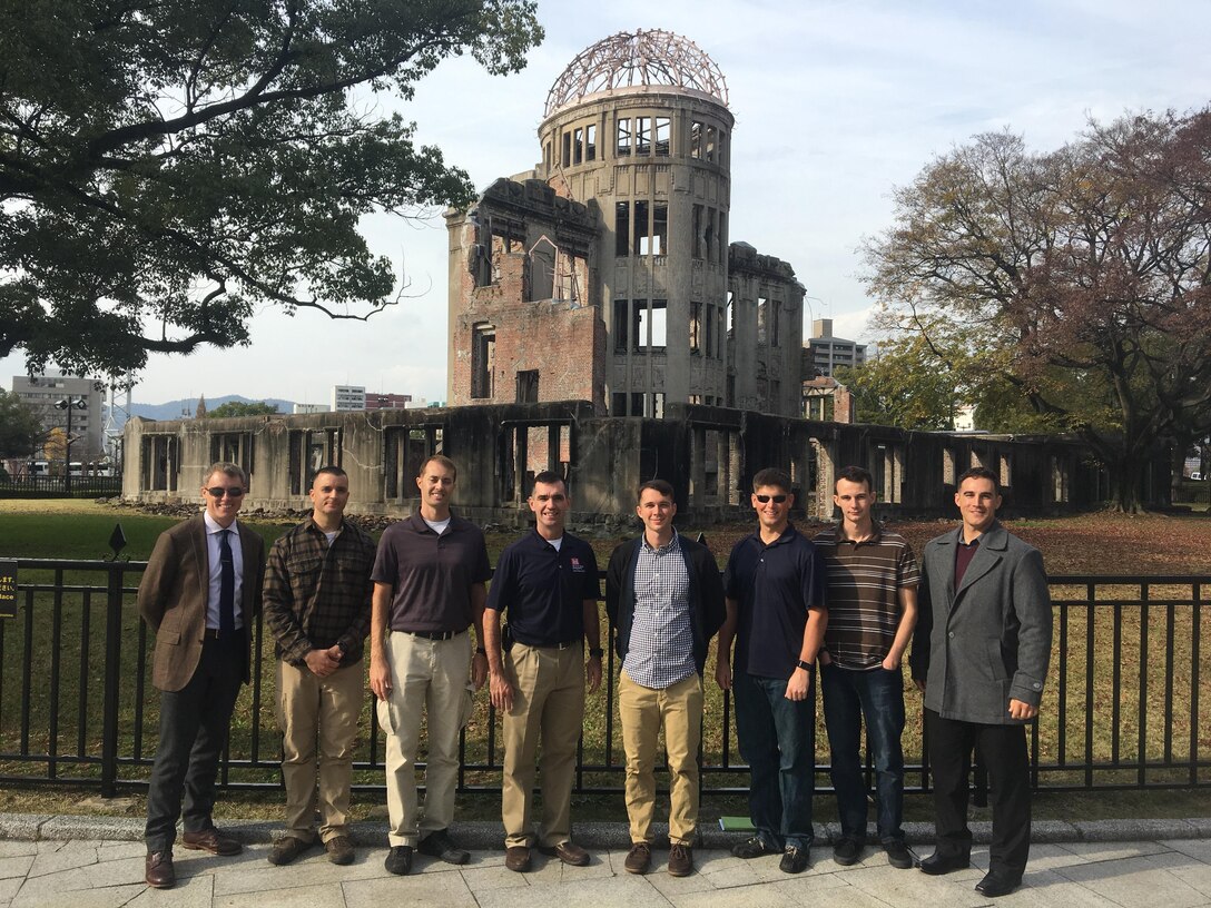 U.S. Army Corps of Engineers officers standing in front of the Atomic Bomb Dome in Hiroshima, Japan. The Soldiers, stationed throughout Japan, gathered Dec. 5 in Iwakuni to hone their leadership skills by learning more about Japan’s history.