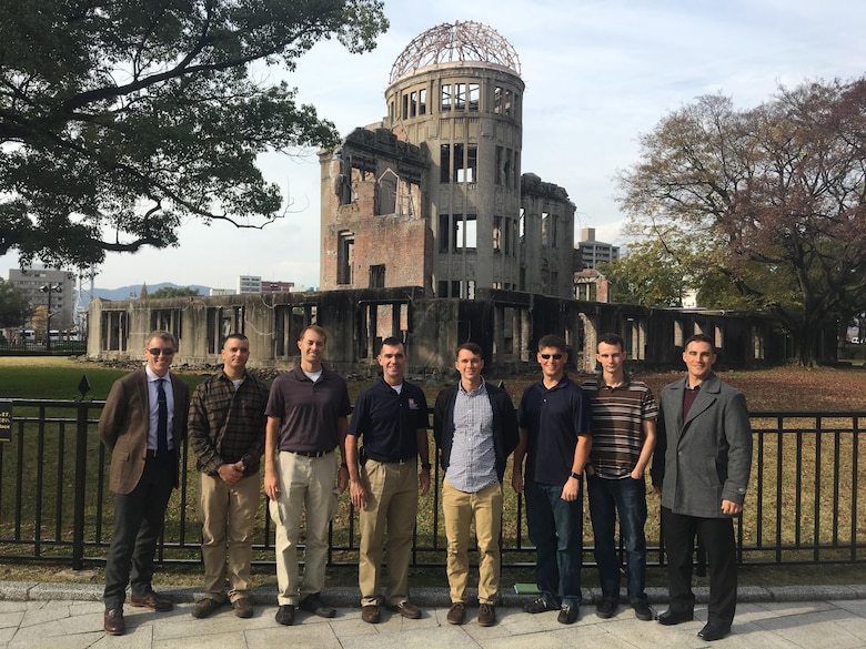 U.S. Army Corps of Engineers officers standing in front of the Atomic Bomb Dome in Hiroshima, Japan. The Soldiers, stationed throughout Japan, gathered Dec. 5 in Iwakuni to hone their leadership skills by learning more about Japan’s history.
