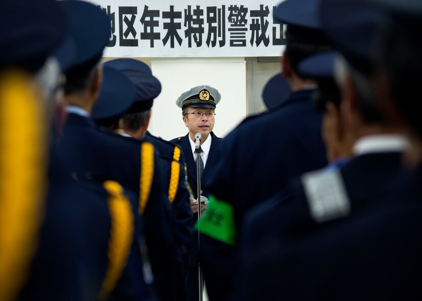 Katsuji Soma, Misawa City police station chief, gives remarks during the opening ceremony of the End-Of-Year Traffic Safety and Crime Prevention Campaign in Misawa City, Japan, Dec. 14, 2016. Throughout the Aomori Prefecture, 18 different local police stations held ceremonies, similar to the one in Misawa, to promote positive living and working environments, while combating crimes, alcohol related incidents, fraud and traffic accidents. (U.S. Air Force photo by Senior Airman Deana Heitzman)