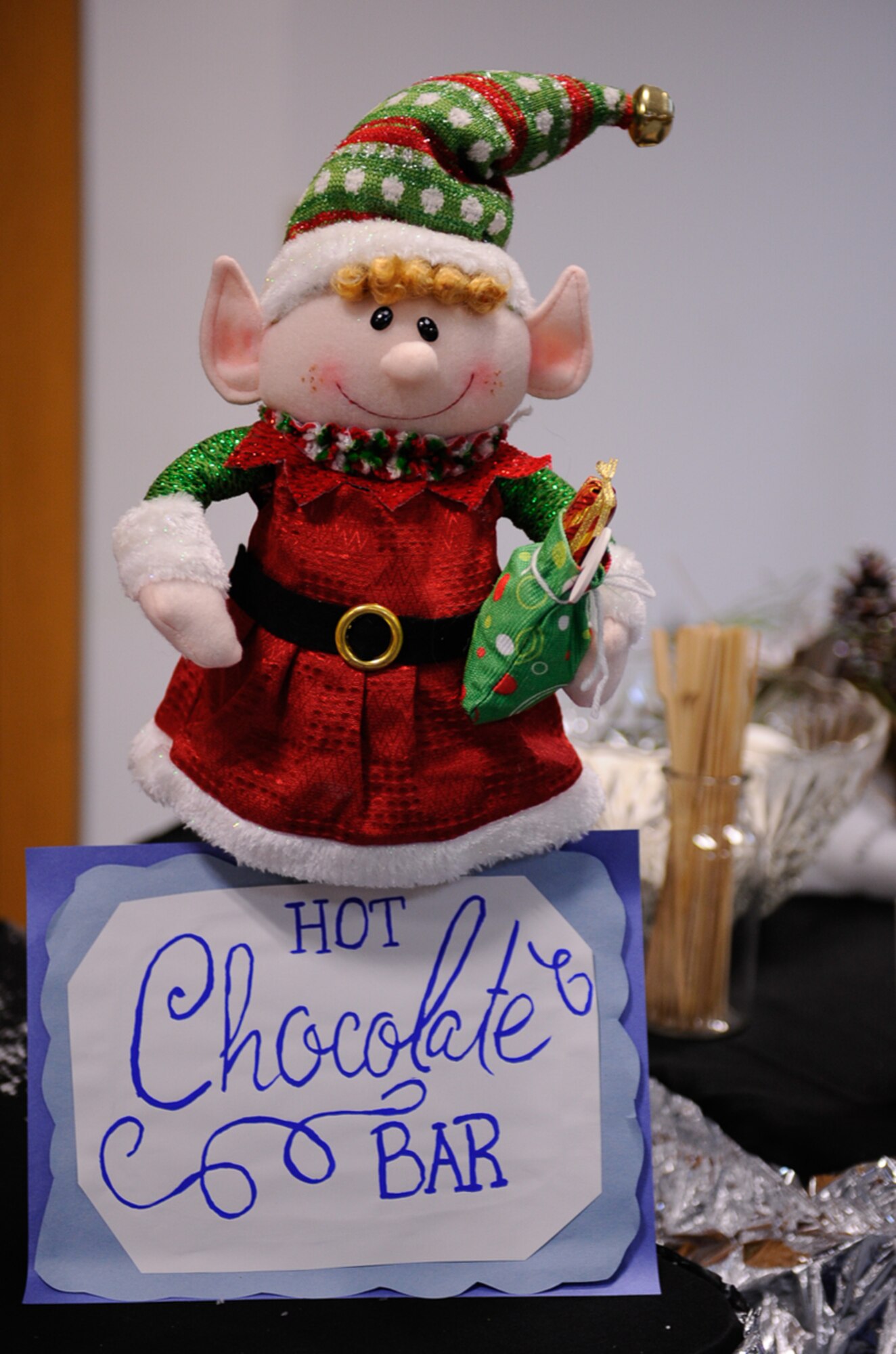 A hot chocolate bar is displayed at the Ramstein Community Center for Elf Bootcamp on Ramstein Air Base, Germany, Dec. 12, 2016. Different stations were set up for children to sharpen elf skills that haven't been used all year, and attendees could pass a skills assessment to earn an elf certificate during the Christmas festivities. (U.S. Air Force photo by Airman 1st Class Savannah L. Waters)
