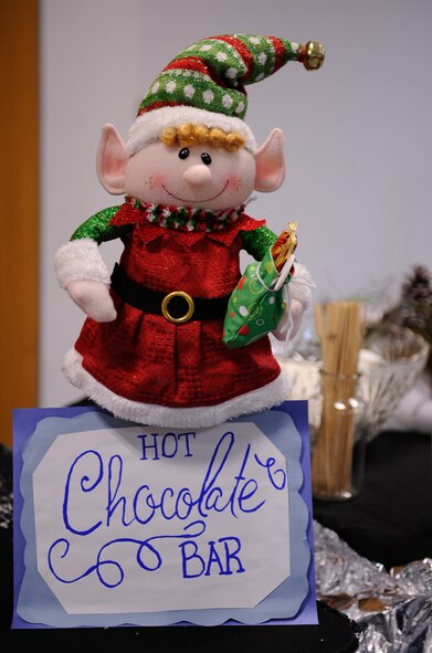 A hot chocolate bar is displayed at the Ramstein Community Center for Elf Bootcamp on Ramstein Air Base, Germany, Dec. 12, 2016. Different stations were set up for children to sharpen elf skills that haven't been used all year, and attendees could pass a skills assessment to earn an elf certificate during the Christmas festivities. (U.S. Air Force photo by Airman 1st Class Savannah L. Waters)