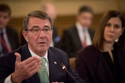 Defense Secretary Ash Carter speaks during a meeting in London of defense ministers from nations participating in the coalition to counter the Islamic State of Iraq and the Levant.