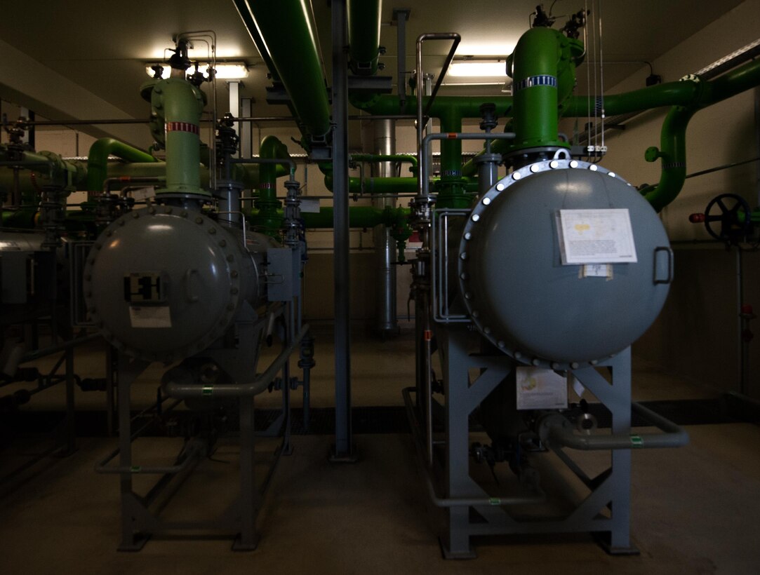Tanks filter fuel coming in through European pipe lines at Ramstein Air Base, Germany, Dec. 12, 2016. Long before being used, incoming fuel is filtered and stored in facilities across base in large tanks that can hold approximately one million gallons. (U.S. Air Force photo by Airman 1st Class Lane T. Plummer)