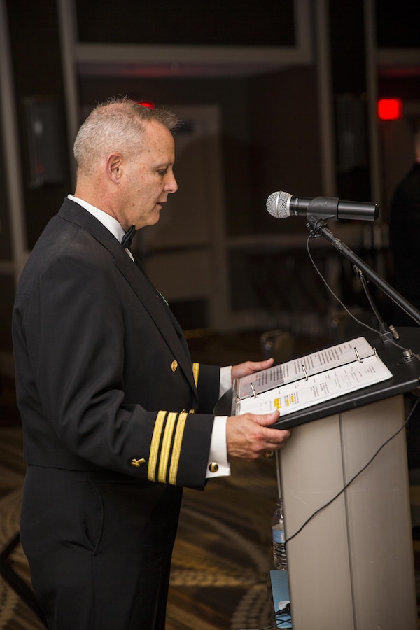 U.S. Navy Chaplain Cmdr. Robert Etheridge gives the invocation for the Marine Corps Recruiting Command's 241st Marine Corps birthday ball at the Renaissance Hotel, Washington, D.C., Nov. 5, 2016. The ceremony is held annually to celebrate the tradition and history of the Marine Corps. (U.S. Marine Corps photo by Lance Cpl. Alexander Cockrell