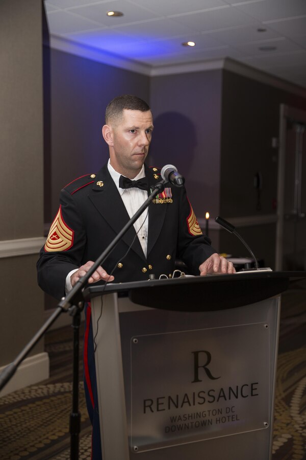 U.S. Marine Corps Master Sgt. Robert A. Kelm, senior recruiting enlisted advisor, Marine Corps Recruiting Command (MCRC), narrates the cake cutting ceremony for the MCRC 241st Marine Corps birthday ball at the Renaissance Hotel, Washington, D.C., Nov. 5, 2016. The ceremony is held annually to celebrate the tradition and history of the Marine Corps. (U.S. Marine Corps photo by Lance Cpl. Alexander Cockrell)