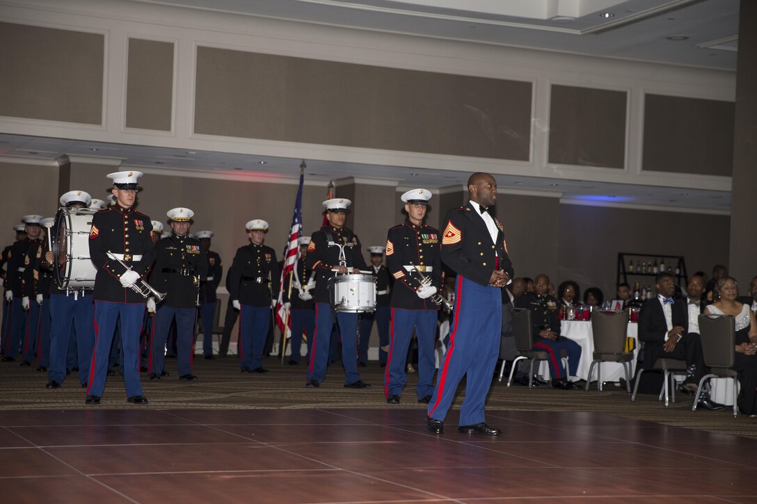 U.S. Marine Corps Sgt. Maj. Samuel Heyward Jr., sergeant major, Marine Corps Recruiting Command (MCRC), speaks to those gathered for the MCRC 241st Marine Corps birthday ball at the Renaissance Hotel, Washington, D.C., Nov. 5, 2016. The ceremony is held annually to celebrate the tradition and history of the Marine Corps. (U.S. Marine Corps photo by Lance Cpl. Alexander Cockrell)