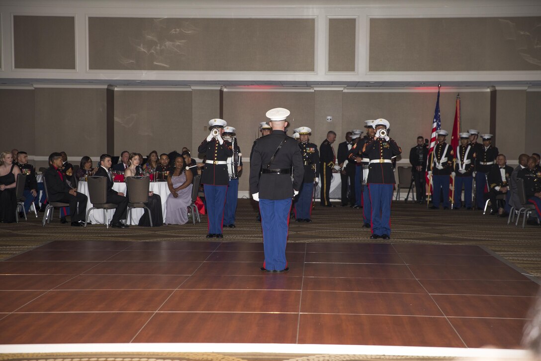 U.S. Marine Corps Base Quantico band plays during the Marine Corps Recruiting Command's 241st birthday ball at the Renaissance Hotel, Washington, D.C., Nov. 5, 2016. The ceremony is held annually to celebrate the tradition and history of the Marine Corps (U.S. Marine Corps photo by Lance Cpl. Alexander Cockrell)