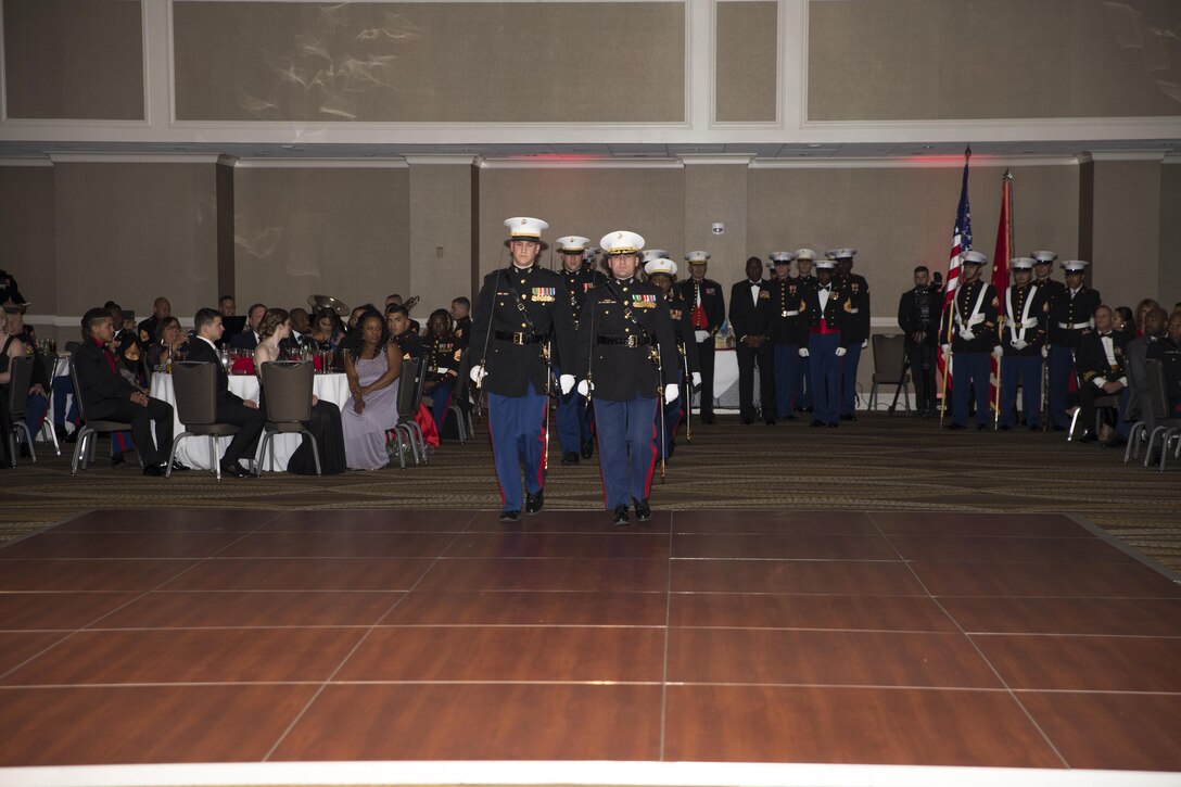 U.S. Marines with Marine Corps Recruiting Command (MCRC) perform the sword detail during the MCRC 241st Marine Corps birthday ball at the Renaissance Hotel, Washington, D.C., Nov. 5, 2016. The ceremony is held annually to celebrate the tradition and history of the Marine Corps. (U.S. Marine Corps photo by Lance Cpl. Alexander Cockrell)