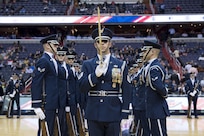The U.S. Air Force Honor Guard Drill Team performs during halftime at the Verizon Center in Washington, D.C., Dec. 14, 2016. The routine was part of the Washington Wizards’ Air Force night, where the team took on the Charlotte Hornets. (U.S. Air Force photo by Senior Airman Ryan J. Sonnier)