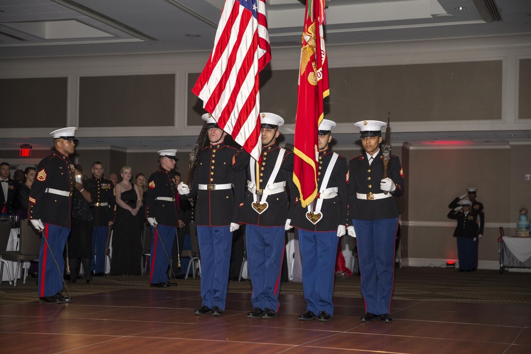 U.S. Marine Corps base Quantico Marine Corps Recruiting Command (MCRC) color guard present the colors during the MCRC 241st Marine Corps birthday ball at the Renaissance Hotel, Washington, D.C., Nov. 5, 2016. The ceremony is held annually to celebrate the tradition and history of the Marine Corps. (U.S. Marine Corps photo by Lance Cpl. Alexander Cockrell)