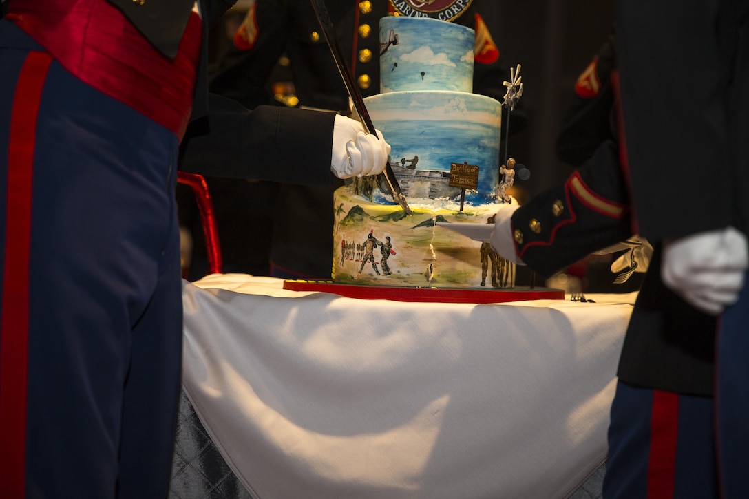 U.S. Marine Corps Sgt. Maj. Samuel Heyward Jr., sergeant major, Marine Corps Recruiting Command (MCRC), cuts the birthday cake during the MCRC 241st Marine Corps birthday ball at the Renaissance Hotel, Washington, D.C., Nov. 5, 2016. The ceremony is held annually to celebrate the tradition and history of the Marine Corps. (U.S. Marine Corps photo by Lance Cpl. Alexander Cockrell)