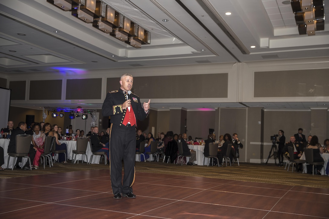 U.S. Marine Corps Maj. Gen. Paul Kennedy, commanding general, Marine Corps Recruiting Command (MCRC), speaks to the attendees during the MCRC 241st Marine Corps birthday ball at the Renaissance Hotel, Washington, D.C., Nov. 5, 2016. The ceremony is held annually to celebrate the tradition and history of the Marine Corps. (U.S. Marine Corps photo by Lance Cpl. Alexander Cockrell)