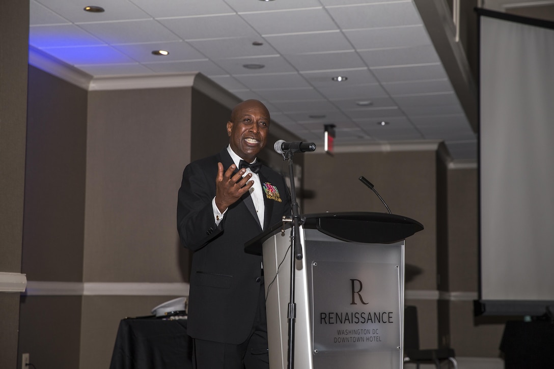 U.S. Marine Corps Sgt. Maj. Carlton M. Kent, ret., 13th sergeant major of the Marine Corps, speaks to the attendees during the Marine Corps Recruiting Command 241st Marine Corps birthday ball at the Renaissance Hotel, Washington, D.C., Nov. 5, 2016. The ceremony is held annually to celebrate the tradition and history of the Marine Corps. (U.S. Marine Corps photo by Lance Cpl. Alexander Cockrell)