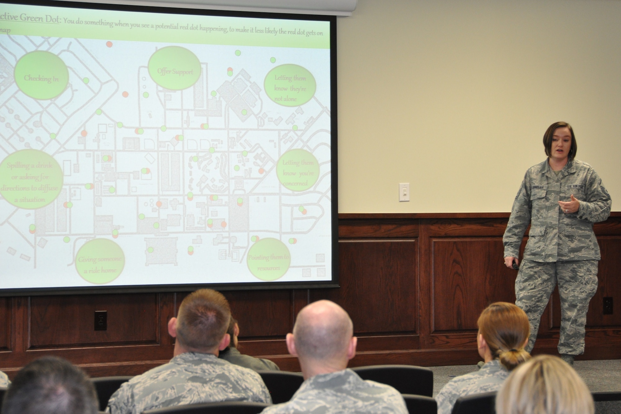 Master Sgt. Sarah Cornelius presents a brief on the Green Dot program during the 340th Flying Training Group's MUTA held Dec. 1-2 at Joint Base San Antonio-Randolph, Texas (Photo by Janis El Shabazz).