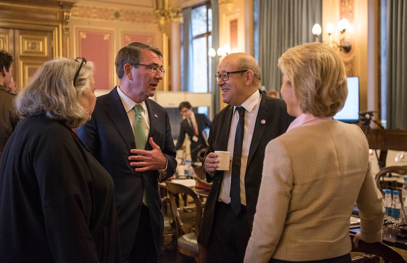 Defense Secretary Ash Carter talks with French Defense Minister Jean-Yves Le Drian and German Defense Minister Ursula von der Leyen in London before a meeting of defense ministers from nations participating in the coalition to counter the Islamic State of Iraq and the Levant, Dec. 15, 2016. DoD photo by Air Force Tech. Sgt. Brigitte N. Brantley